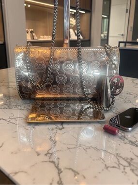 Michael Kors Metallic Rose Gold MK-Embossed Chain Shoulder Bag